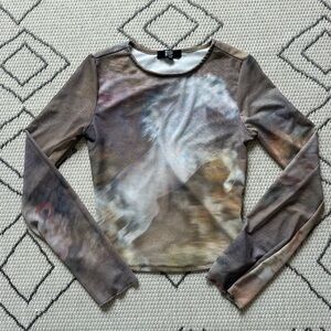 Long-Sleeve Printed Mesh Going Out Top w/ horse graphic